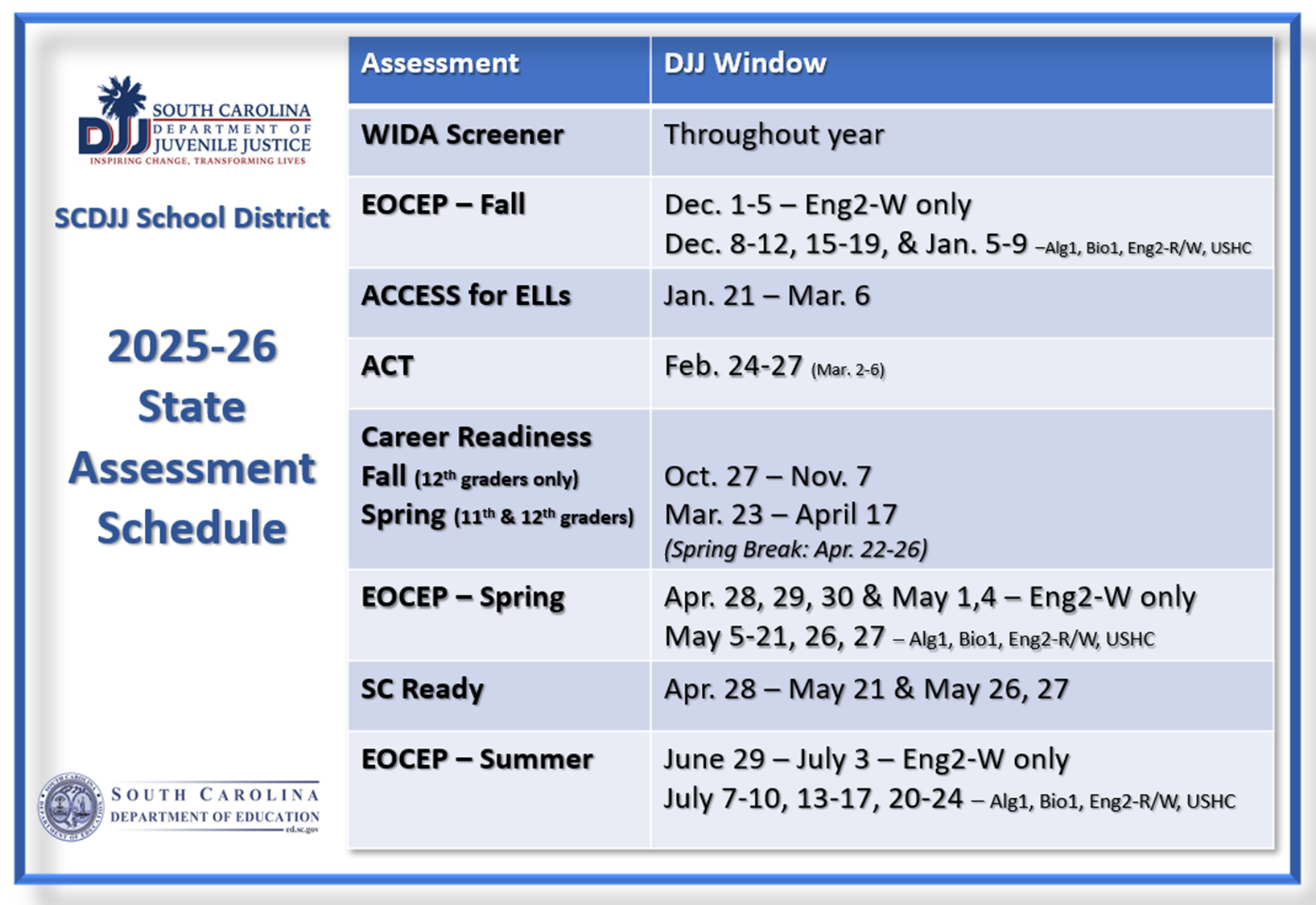 2025 - 26 State Assessment Schedule