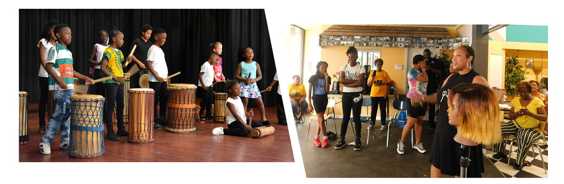 Left: Kids playing African drums, Right: salon owner hair presentation